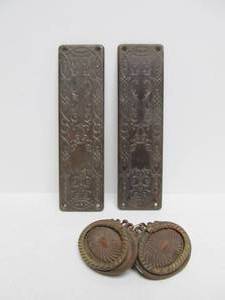 lot 228 image: Matching Pair of Ornate Antique Door Push Plates and Early Brass Pulls