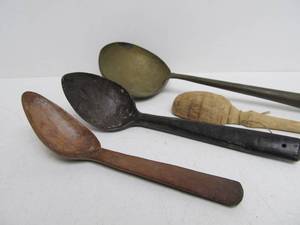 lot 236 image: Antique, Primitive Carved Wooden Spoons & Brass Ladle
