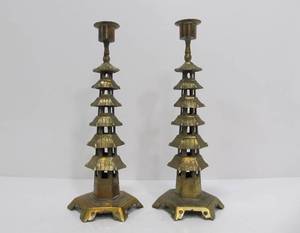 lot 259 image: Pair of Vintage Brass PAGODA TOWER 6 Stories Candlestick Holders