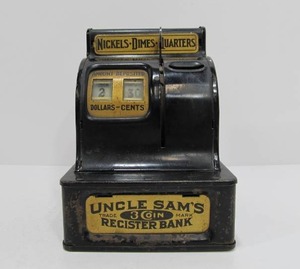lot 311 image: Old Vintage Uncle Sams Coin Bank Toy Cash Register