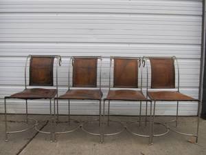 lot 340 image: Nice Set of 4 Thick Genuine Leather & Scrolled Iron Dining Chairs