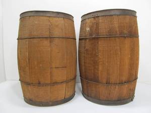lot 330 image: Pair of Antique Primitive Wooden Nail Keg Barrels