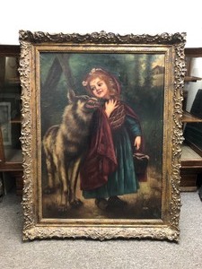 lot 1 image: Wonderful LARGE Antique Framed Oil on Canvas Painting - Little Red Riding Hood