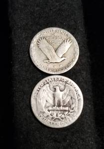 2 SILVER QUARTERS 1927 STANDING LIB 1934 WASHINGTON