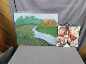 lot 46 image: Painting of a Creek and Prints of Cardinals