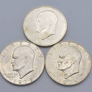 3 Ike Silver Dollars, 40% Silver--1971-S, 1973-S & 1974-S