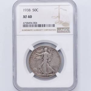 NGC Certified 1938 Walking Liberty Half Dollar, XF-40, 90% Silver