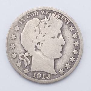 1913-S Barber Half Dollar, 90% Silver, Full Rims