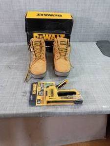 lot 51 image: Mens Helix WP Waterproof 6 in. Work Boots - Steel Toe - Wheat Size 11(M) & 5 in 1 Multi-Tacker Stapler and Brad Nailer Multi-Tool by DEWALT- not used