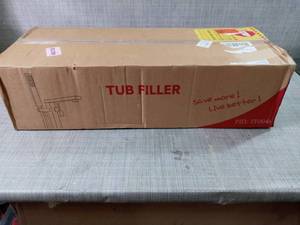 lot 63 image: 1-Handle Freestanding Floor Mount Tub Faucet Bathtub Filler with Hand Shower in Brush Nickel by AKDY- not used
