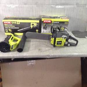 lot 35 image: 90 MPH 200 CFM ONE 18-Volt Lithium-Ion Cordless Leaf BlowerSweeper & 14 in. 37cc 2-Cycle Gas Chainsaw by RYOBI- tools only  mixed conditions