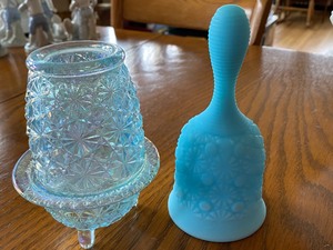 lot 50 image: Vintage Blue Fairy Light Candle Holder and Blue Satin Bell