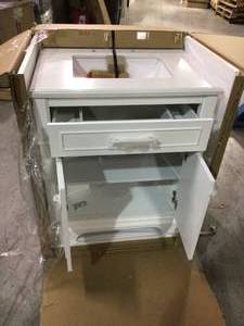 Home Decorators Melpark 30 in. W x 22 in. D Bath Vanity in White with Cultured Marble Vanity Top in White with White Sink open box in good condition see pictures