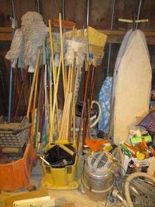 lot 244 image: Brooms, Mops, Ironing Board, Mop Bucket, & Cleaning Supplies