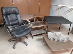 lot 41 image: (2) Card Tables, Office Chair, Small Table, Metal Outdoor Planter, Wood Table, & Vintage RollingServing Cart