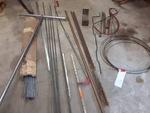 lot 49 image: Large Metal Stand, Steel Rods, Vintage Tool, & More See Photos