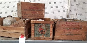 lot 54 image: Vintage Eatmor Cranberries & Western Cartridge Company Wooden Boxes Full of Vintage Light Fixtures, Housings, and Other Elecrical Componets See Photos