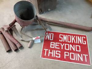 lot 57 image: Vintage Backpack Spreader WIth Attachments & Metal No Smoking Beyond This Point Sign