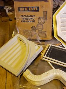 lot 92 image: Aluminum Half Screen Kits, Window in Packaging (34 -19 X 35), Window Housing, & Drain pipe See Photos