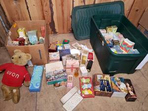 lot 86 image: Huge Lot of Vintage Avon Bottles In Covered Tote & Other Decor