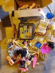 lot 83 image: Vintage Lot of  Barbies & Accessories, Includes Jeep, Vintage Carry Case, & Hoola Hoop