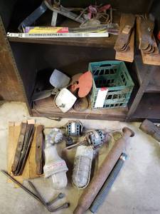 lot 67 image: Lawnmower Blades, Vintage Shop Lights, Auto Parts & (2) Electric Motors Untested