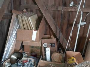 lot 96 image: Large Lot of Electrical Components, Box of Light Bulbs, Electrical Cords, Plastic Decor Panels See Photos