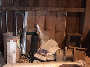 lot 98 image: Canvas Cloths, Tarp, Rubber Sheeting, Dowels, Metal Piping and Pieces in Drum, Wooden Spool, Wooden Tool Box & Vintage Crate