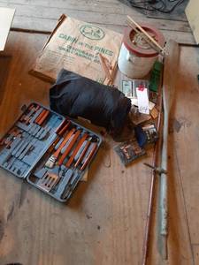 lot 114 image: CampingSporting Goods Lot (Camping Tools Set in Case, Oar, Fishing Lure, Poncho, Sleeping Bag, Minnow Bucket, Disposible Animal Pet Bed)