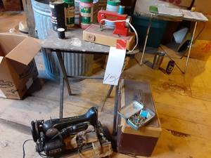 lot 151 image: Vintage Singer Sewing Machine In Case, additional Sewing Items, Mini Sewing Machine, & Vintage Containers See Photos