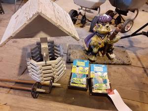 lot 154 image: Bird Food In Packaging, Outdoor Wood Fountian, & Ceramic Frog Statue Broken, but Possible Fixable See Photos