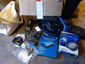 lot 201 image: Box of Electronics (Camcorder, Clock Radio, Alarm Clocks, DTV Converter Box, Battery Charger, Electrical Wires & More See Photos