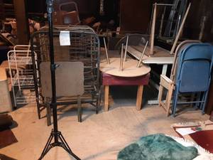 lot 212 image: (2) Single Folding Bed Frames, Folding Table, Vintage Furniture, Chairs, Hamper, Storage Rack & More See Photos