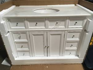 Hampton Harbor 44 in. W x 22 in. D Bath Vanity in White with Natural Marble Vanity Top in White by Home Decorators Collection Customer Returns See Pictures