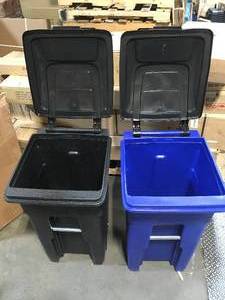 Lot of 2  - 32 Gal.  Trash Can with Wheels and Attached Lid by Toter