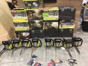 Lot of 21 units of assorted Ryobi Gas Chain Saws and Chains used various conditions customer returns see pictures