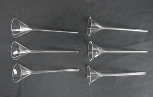 lot 44 image: Set of 6 Vintage Mercer Glass Works Merco 7 Inch Long 55MM Glass Bunsen Funnels - Made in Czechoslovakia