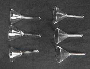 lot 62 image: Set of 6 Vintage Mercer Glass Works Merco 4 Inch Long 65MM Glass Chemical Funnels