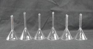 lot 63 image: Set of 6 Vintage Mercer Glass Works Merco 4 Inch Long 65MM Glass Chemical Funnels