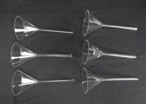 lot 80 image: Set of 6 Vintage Mercer Glass Works Merco 8 Inch Long 90MM Glass Bunsen Funnels - Made in Czechoslovakia