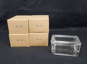 lot 100 image: Set of 4 Vintage Mercer Glass Works Oblong Heavy Glass Staining Dishes and Covers