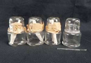lot 218 image: Set of 4 Vintage Mercer Glass Works Clear Glass Balsam Varnish Bottles With Glass Rods
