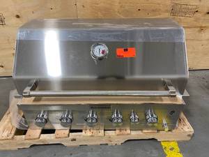 lot 48 image: KITCHENAID 4-Burner Built-in Propane Gas Island Grill Head in Stainless Steel with Searing Main Burner and Rotisserie Burner.  Retails $1,099