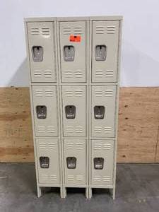 lot 119 image: HALLOWELL Tan Wardrobe Locker, (3) Tier, (3) Wide Openings 9, 36 in W X 18 in D X 78 in H.  Retails for $853.60