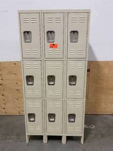 lot 120 image: HALLOWAY Tan Wardrobe Locker, (3) Tier, (3) Wide Openings 9, 36 in W X 18 in D X 78 in H.  Retails for $853.60