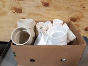 lot 514 image: NEW Box of 3 & 4 Sch40 Sanitary Double Wyes PVC Pipe Fittings