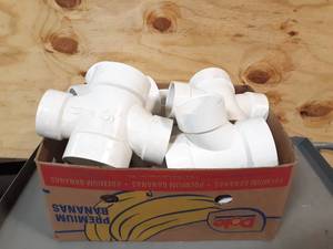 lot 515 image: NEW Box of 3 & 4 Sch40 Sanitary Double PVC Pipe Fittings (4-Way)