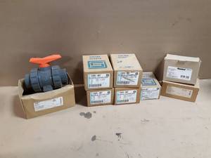 lot 649 image: NEW Lot of 8 Spears & GF 34, 1 & 1-12 PVC Sch80 Union Ball Valves and Check Valves