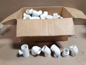 lot 657 image: Large Box of Approx. 85 1-12 Sch40 PVC Pipe Fittings - 90°, 45°, Tees, Couplers and More