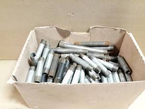 lot 733 image: Huge Lot of 38 NPT Galvanized Pipe Nipples 1 to 6 - Box weighs about 32 LBS